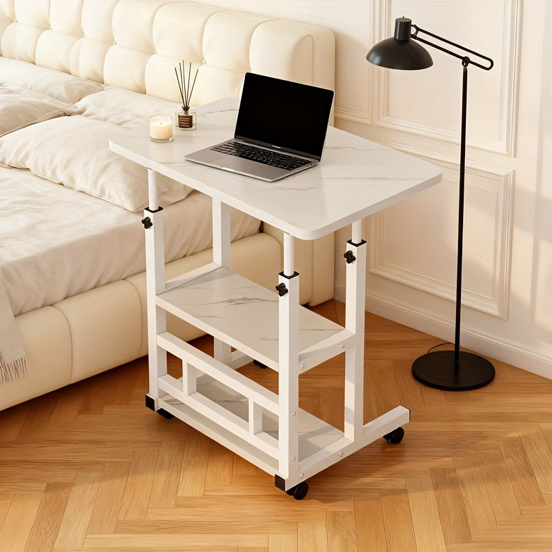 3-Tier Heavy-Duty Metal Folding Desk with Locking Casters & Storage Shelf - Height-Adjustable Expandable Desktop, Space-Saving Rolling Computer Table with Engineered Wood Top