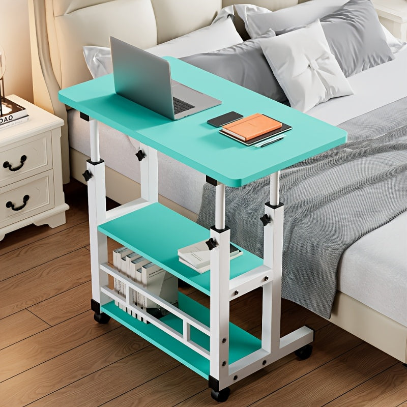 3-Tier Heavy-Duty Metal Folding Desk with Locking Casters & Storage Shelf - Height-Adjustable Expandable Desktop, Space-Saving Rolling Computer Table with Engineered Wood Top