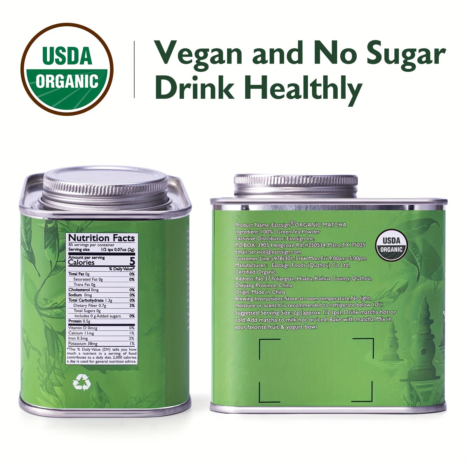 Eastsign Ceremonial Grade Matcha Powder,USDA Organic, Gluten-Free, Vegan & Sugar-Free