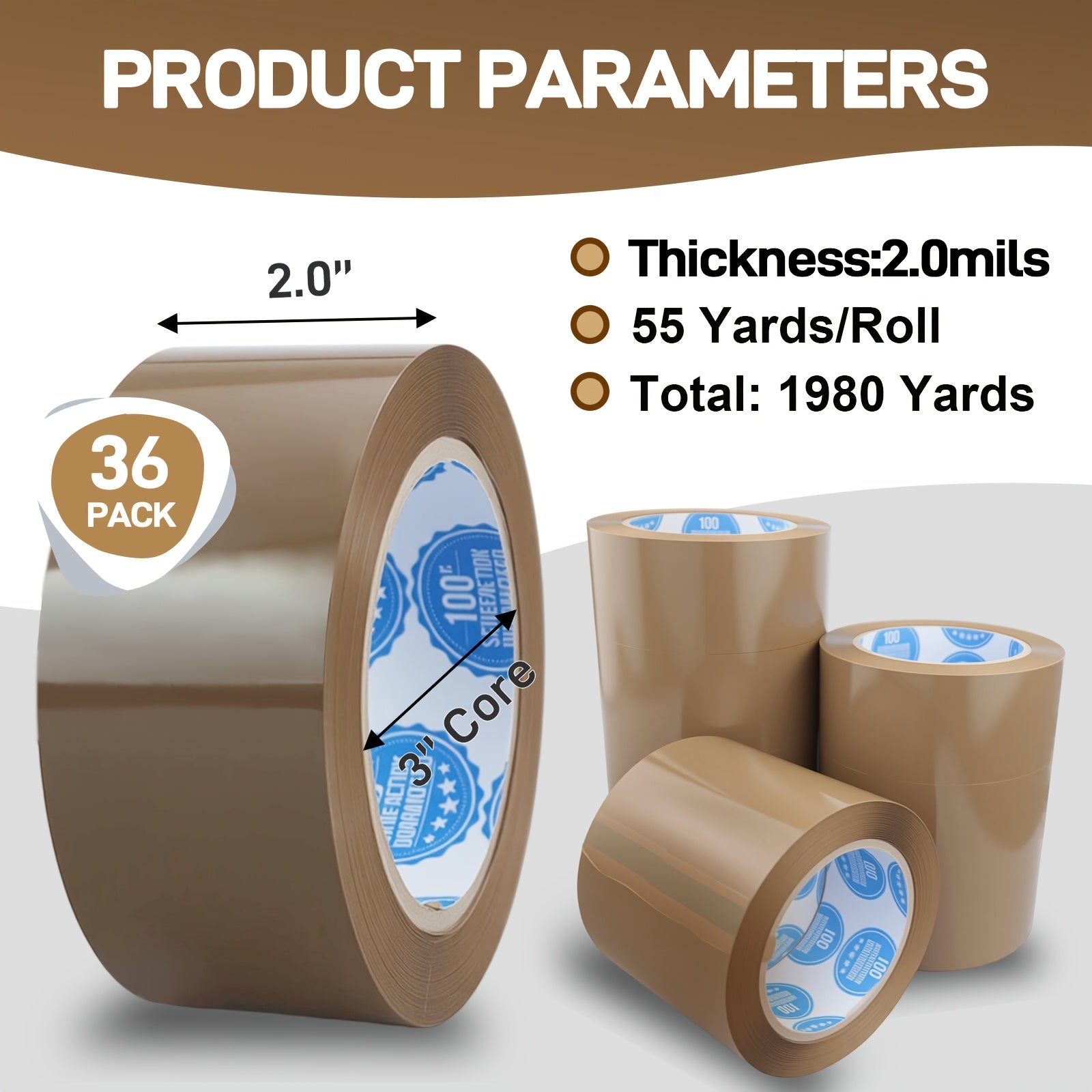 36 Rolls Heavy Duty Brown Packaging Tape - -Weather Secure Sticky Adhesive, 1.88 Inch X 55 Yards - Compatible with Tape Dispensers ( Refills)