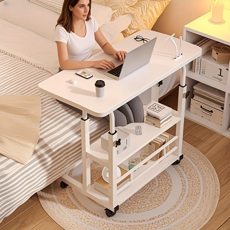 3-Tier Heavy-Duty Metal Folding Desk with Locking Casters & Storage Shelf - Height-Adjustable Expandable Desktop, Space-Saving Rolling Computer Table with Engineered Wood Top