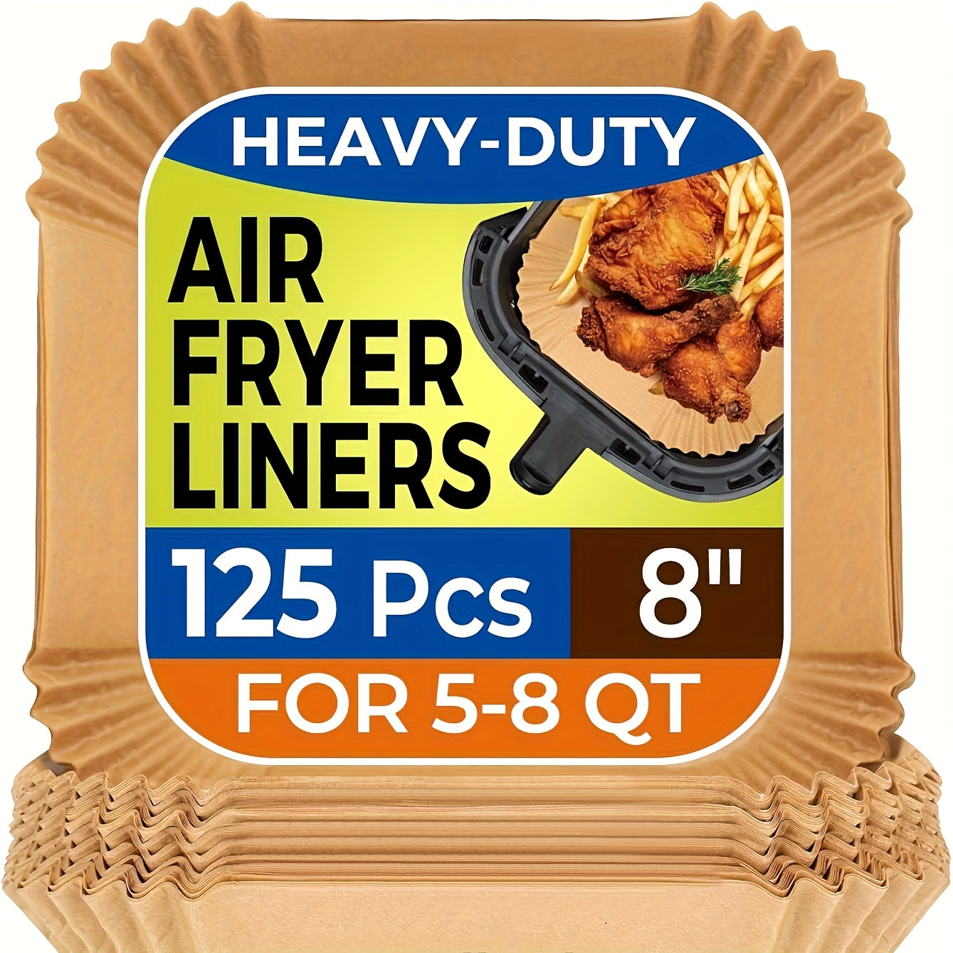 125pcs Air Fryer Paper Liners, Disposable Liners for Microwave & Air Fryer, Non-Stick Air Fryer Liners, Square Unbleached (8 Inches) - Suitable for 5-8 QT Air Fryers, Ideal for Baking & Microwaving, Air Fryer Accessories
