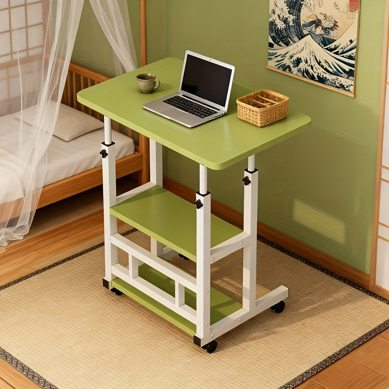 3-Tier Heavy-Duty Metal Folding Desk with Locking Casters & Storage Shelf - Height-Adjustable Expandable Desktop, Space-Saving Rolling Computer Table with Engineered Wood Top