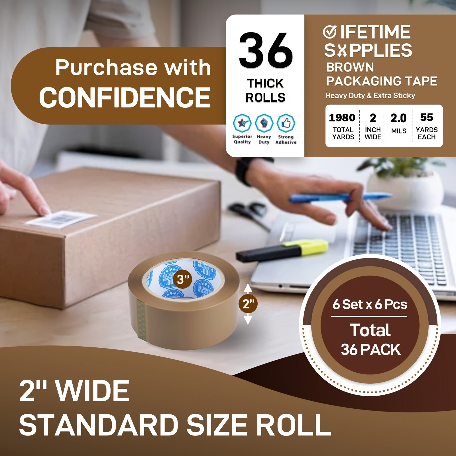 36 Rolls Heavy Duty Brown Packaging Tape - -Weather Secure Sticky Adhesive, 1.88 Inch X 55 Yards - Compatible with Tape Dispensers ( Refills)