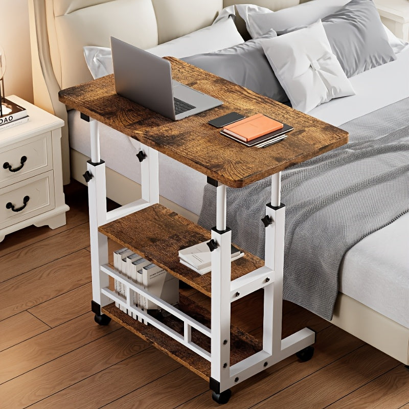 3-Tier Heavy-Duty Metal Folding Desk with Locking Casters & Storage Shelf - Height-Adjustable Expandable Desktop, Space-Saving Rolling Computer Table with Engineered Wood Top