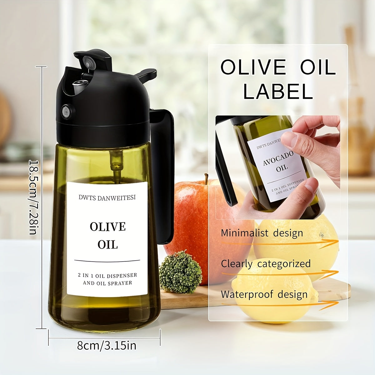 2pcs Glass Olive Oil Bottles, 2-in-1 Oil Drip And Sprayer Kitchen Gadgets, Dark Green Glass Shade To Prevent Oxidation, 16oz/480ml Seasoning Storage Bottle, Oil Sprayer And Oil Dispenser, Moving Gift!