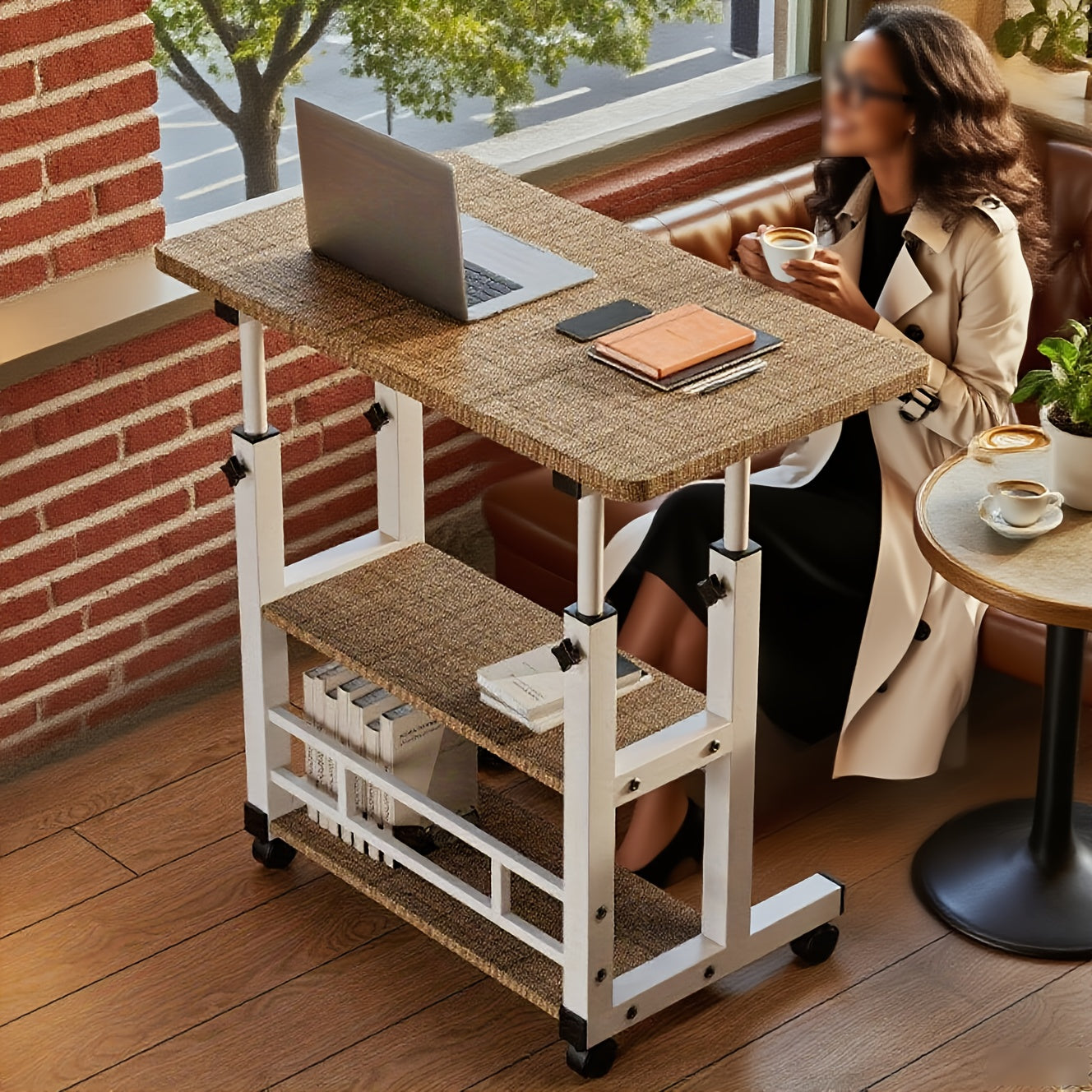 3-Tier Heavy-Duty Metal Folding Desk with Locking Casters & Storage Shelf - Height-Adjustable Expandable Desktop, Space-Saving Rolling Computer Table with Engineered Wood Top