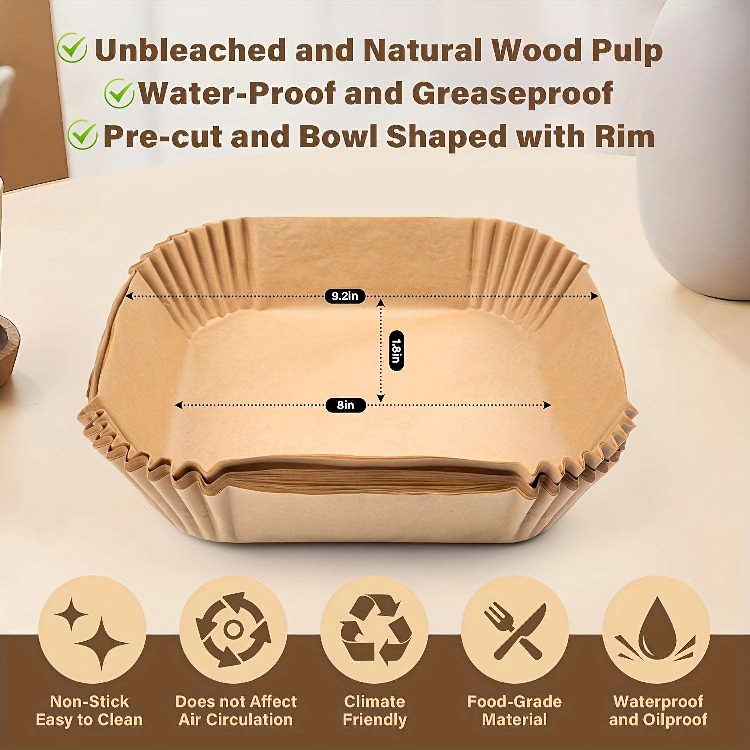 125pcs Air Fryer Paper Liners, Disposable Liners for Microwave & Air Fryer, Non-Stick Air Fryer Liners, Square Unbleached (8 Inches) - Suitable for 5-8 QT Air Fryers, Ideal for Baking & Microwaving, Air Fryer Accessories