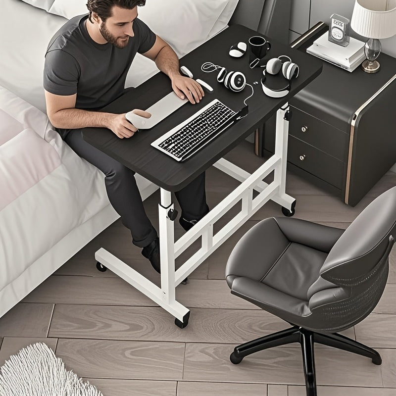 3-Tier Heavy-Duty Metal Folding Desk with Locking Casters & Storage Shelf - Height-Adjustable Expandable Desktop, Space-Saving Rolling Computer Table with Engineered Wood Top