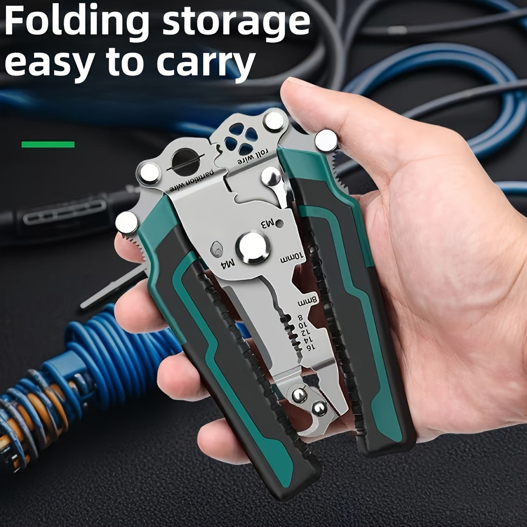 18-In-1 Electrician Multi-Tool Folding Wire Stripper - Made from Durable Chrome Vanadium Steel, Featuring a Hook Knife, Wire Cutting, Stripping, Crimping, Screwdriver, And Wrench Functions - Ideal for, Home Improvement, And C