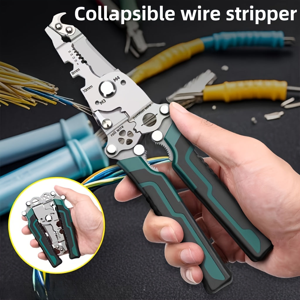 18-In-1 Electrician Multi-Tool Folding Wire Stripper - Made from Durable Chrome Vanadium Steel, Featuring a Hook Knife, Wire Cutting, Stripping, Crimping, Screwdriver, And Wrench Functions - Ideal for, Home Improvement, And C