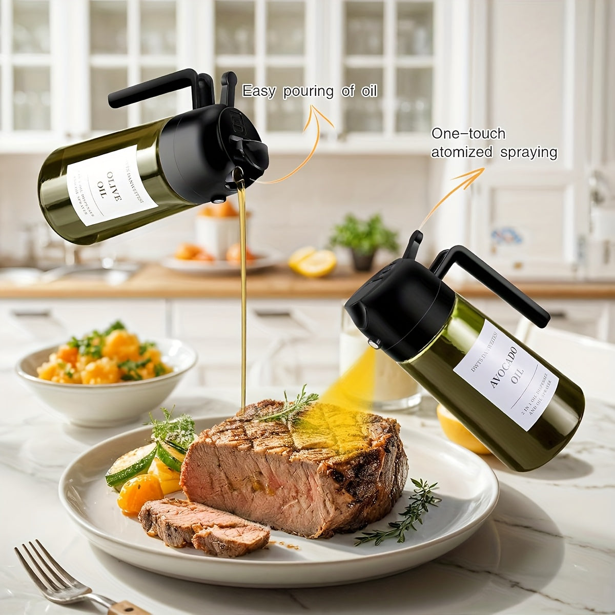 2pcs Glass Olive Oil Bottles, 2-in-1 Oil Drip And Sprayer Kitchen Gadgets, Dark Green Glass Shade To Prevent Oxidation, 16oz/480ml Seasoning Storage Bottle, Oil Sprayer And Oil Dispenser, Moving Gift!