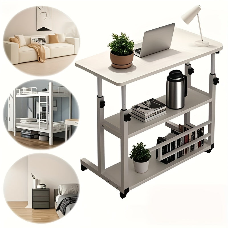 3-Tier Heavy-Duty Metal Folding Desk with Locking Casters & Storage Shelf - Height-Adjustable Expandable Desktop, Space-Saving Rolling Computer Table with Engineered Wood Top