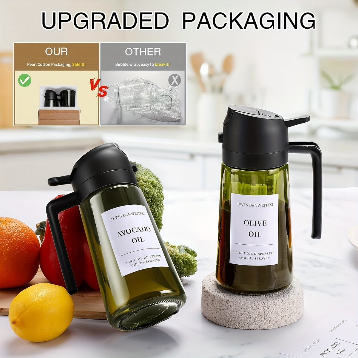 2pcs Glass Olive Oil Bottles, 2-in-1 Oil Drip And Sprayer Kitchen Gadgets, Dark Green Glass Shade To Prevent Oxidation, 16oz/480ml Seasoning Storage Bottle, Oil Sprayer And Oil Dispenser, Moving Gift!
