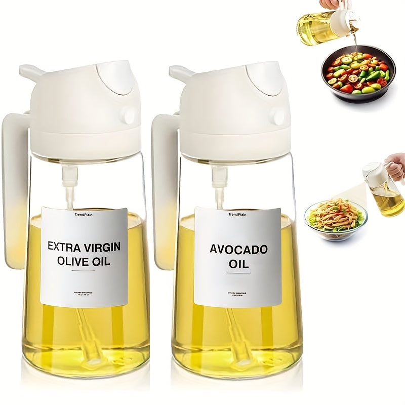 2pcs Glass Olive Oil Bottles, 2-in-1 Oil Drip And Sprayer Kitchen Gadgets, Dark Green Glass Shade To Prevent Oxidation, 16oz/480ml Seasoning Storage Bottle, Oil Sprayer And Oil Dispenser, Moving Gift!