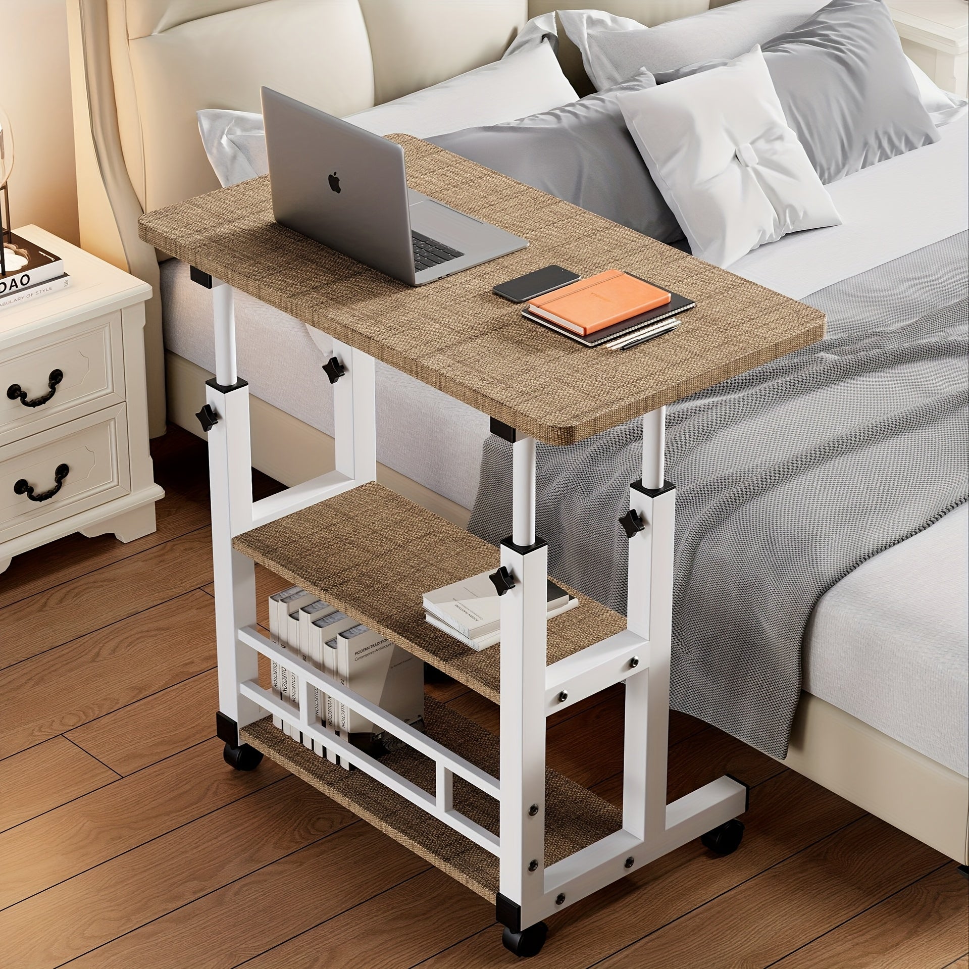 3-Tier Heavy-Duty Metal Folding Desk with Locking Casters & Storage Shelf - Height-Adjustable Expandable Desktop, Space-Saving Rolling Computer Table with Engineered Wood Top