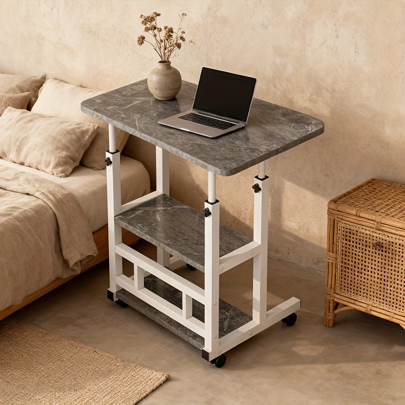 3-Tier Heavy-Duty Metal Folding Desk with Locking Casters & Storage Shelf - Height-Adjustable Expandable Desktop, Space-Saving Rolling Computer Table with Engineered Wood Top